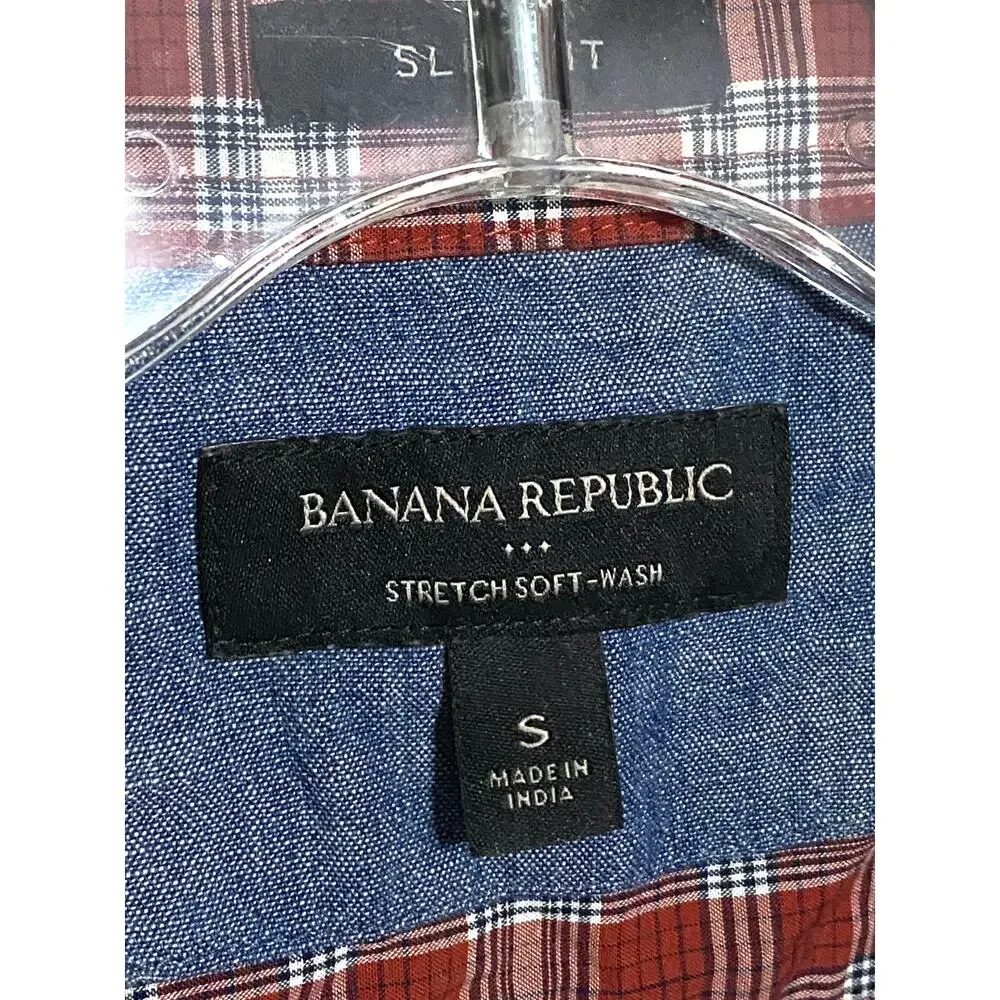 Banana Republic Red Plaid Slim Fit Button Shirt Mens S Stretch Soft Wash Classic